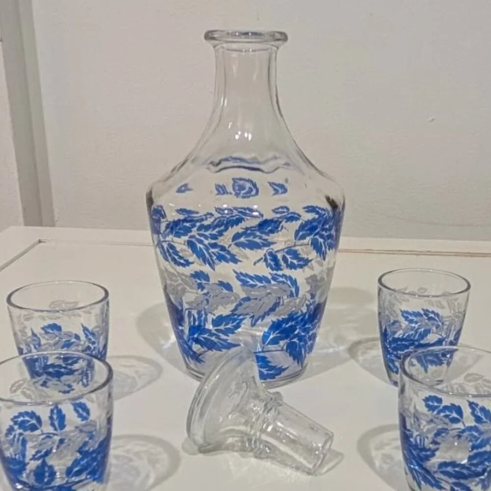 Vintage MCM Blue Silver Leaf Cordial Decanter & Shot Glass Set Luminarc France